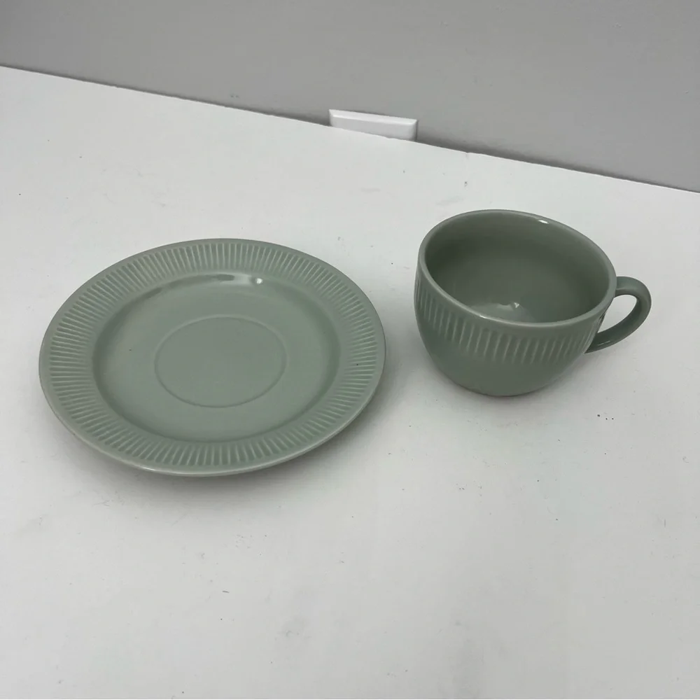 Pottery Barn Ribbed Cup and Saucer Set of 2 Sage Green Cottage Core